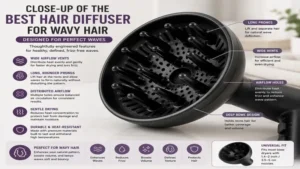 Close-up of the best hair diffuser for wavy hair highlighting wide airflow vents and long diffuser prongs.