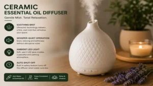 Ceramic essential oil diffuser producing a fine cool mist to create a calm and refreshing indoor environment.
