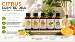 Citrus scented oils for reed diffusers delivering a refreshing and uplifting home aroma.