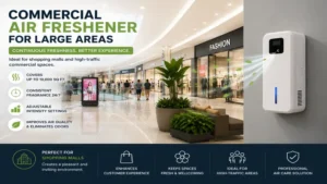 Commercial air freshener for large areas delivering continuous fragrance throughout a busy shopping mall.