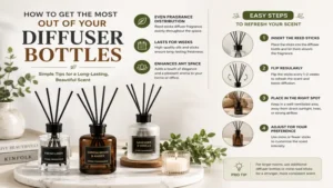 Diffuser bottles displayed as elegant decorative accents in a modern living room.