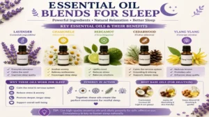 Key ingredients used in essential oil blends for sleep, including lavender, chamomile, bergamot, cedarwood, and ylang ylang.