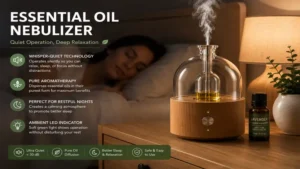 Essential oil nebulizer operating quietly on a bedside table during relaxation