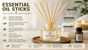 essential oil sticks absorbing and diffusing fragrance oil through a decorative reed diffuser