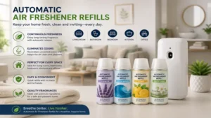 Automatic air freshener refills helping keep living rooms, bathrooms, bedrooms, kitchens, and offices fresh every day
