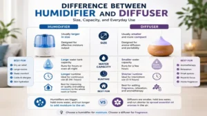Difference between humidifier and diffuser comparing size, water capacity, runtime, and everyday use