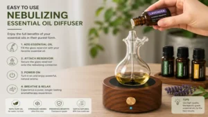 Filling a nebulizing essential oil diffuser with pure essential oils for concentrated fragrance diffusion.