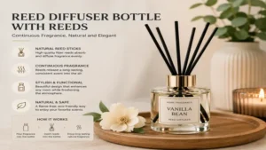 Stylish reed diffuser bottle with natural reed sticks for continuous fragrance diffusion.