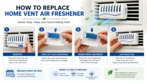 Replacing a home vent air freshener cartridge to maintain long-lasting fragrance.