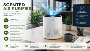 Compact scented air purifier providing purified air and a pleasant aroma in a modern office workspace.