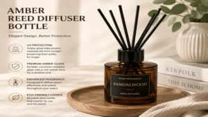 Amber reed diffuser bottle offering UV protection for essential oil diffuser blends.