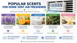 Popular scent options available for a home vent air freshener, including lavender, citrus, and linen.