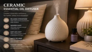 Elegant ceramic essential oil diffuser creating a peaceful atmosphere on a bedroom nightstand for restful sleep.