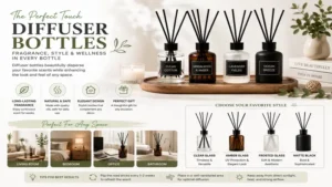 Diffuser bottles paired with essential oils for creating a relaxing atmosphere.