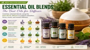 Essential oil blends featuring the best oils for diffuser for relaxation, focus, and wellness.