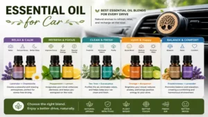 Essential oil for car showcasing popular essential oil blends for a pleasant and long-lasting vehicle scent.