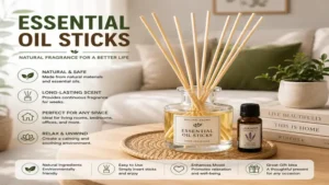 essential oil sticks displayed in a modern living room as a natural air freshener and decor accent