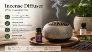Modern incense diffuser paired with essential oils for a soothing aromatherapy experience at home.