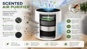 Advanced scented air purifier featuring an efficient filtration system with built-in fragrance technology.
