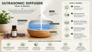 is a diffuser a humidifier infographic about ultrasonic diffuser operation and fine mist production