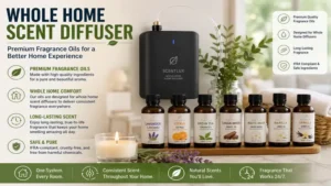 Whole home scent diffuser using premium fragrance oils to create a welcoming indoor atmosphere.