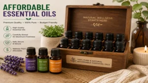 Affordable essential oils stored in amber glass bottles to preserve quality and freshness