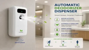 Automatic deodorizer dispenser featuring smart motion sensor technology for automatic odor control