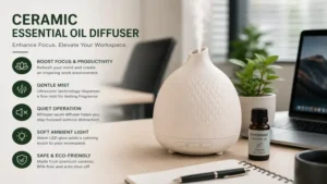 Compact ceramic essential oil diffuser enhancing focus and comfort in a modern office workspace.