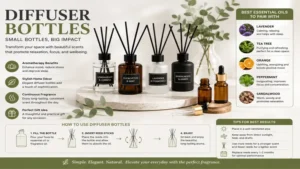 Diffuser bottles being refilled with fragrance oil for continued home use.