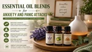 Essential oil blends for anxiety and panic attacks arranged with natural ingredients in a cozy home setting