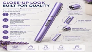 Close-up view of an essential oil pen highlighting its durable construction and ergonomic design.