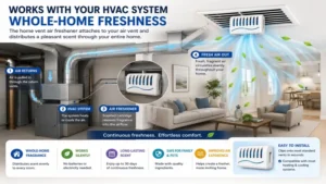 Home vent air freshener attached to an HVAC vent for whole-home fragrance distribution.
