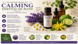 Natural herbs and flowers used in a calming essential oil blend for a gentle aromatic experience