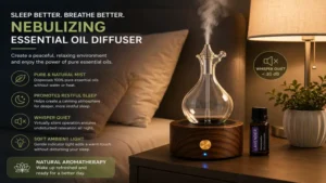 Compact nebulizing essential oil diffuser placed on a bedside table to enhance a peaceful bedroom environment.