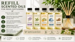 Refill scented oils for reed diffusers for continuous, long-lasting fragrance throughout your home.