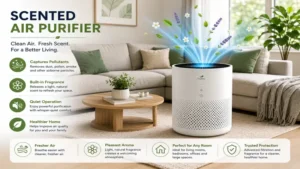 scented air purifier refreshing the air in a spacious living room with effective purification and subtle fragrance.