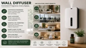 Wall diffuser delivering continuous fragrance for home and office environments