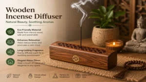 Handcrafted wooden incense diffuser holder adding natural elegance and long-lasting fragrance to home décor.