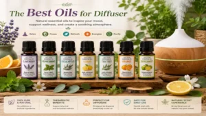 Collection of the best oils for diffuser displayed with natural herbs, flowers, and wood accents.