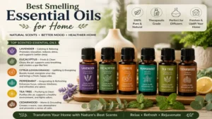 best smelling essential oils for home collection featuring lavender, eucalyptus, citrus, peppermint, tea tree, and cedarwood essential oils.