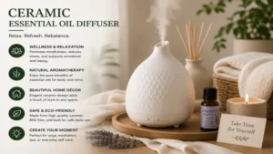 Decorative ceramic essential oil diffuser supporting a relaxing wellness and self-care routine in a spa-inspired setting.