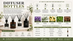 Diffuser bottles collection featuring various shapes, colors, and decorative styles.