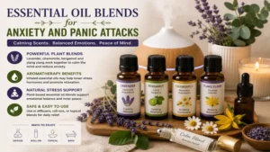 Essential oil blends for anxiety and panic attacks showcased with botanical oils and aromatherapy accessories