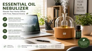 Essential oil nebulizer creating a refreshing atmosphere in a home office workspace