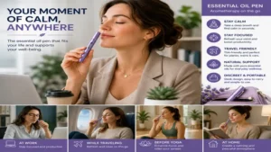 Person using an essential oil pen at work, during travel, and at home for portable aromatherapy.