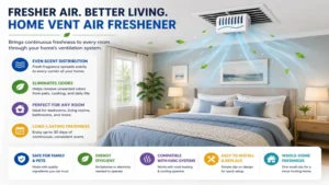 Home vent air freshener improving air freshness in a modern bedroom through the ventilation system.