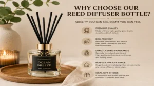 Refillable reed diffuser bottle made for long-lasting aromatherapy and home fragrance use.