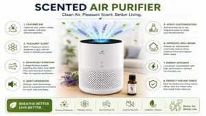 Infographic highlighting the key benefits of a scented air purifier for cleaner air, fresh fragrance, and a healthier indoor environment.