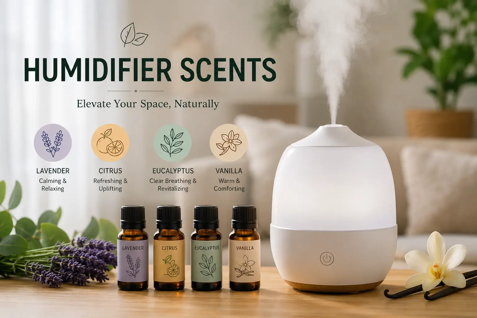 Humidifier with popular scents including lavender, citrus, eucalyptus, and vanilla