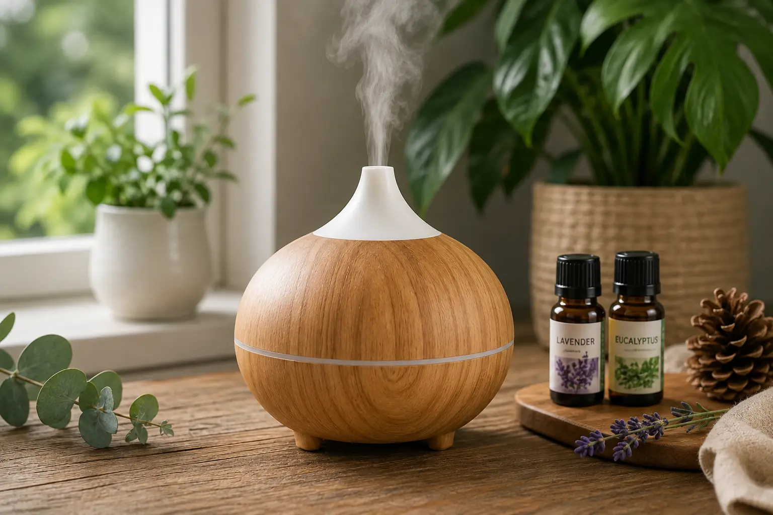 Natural diffuser with a wood-grain design releasing a gentle mist beside lavender and eucalyptus essential oils.